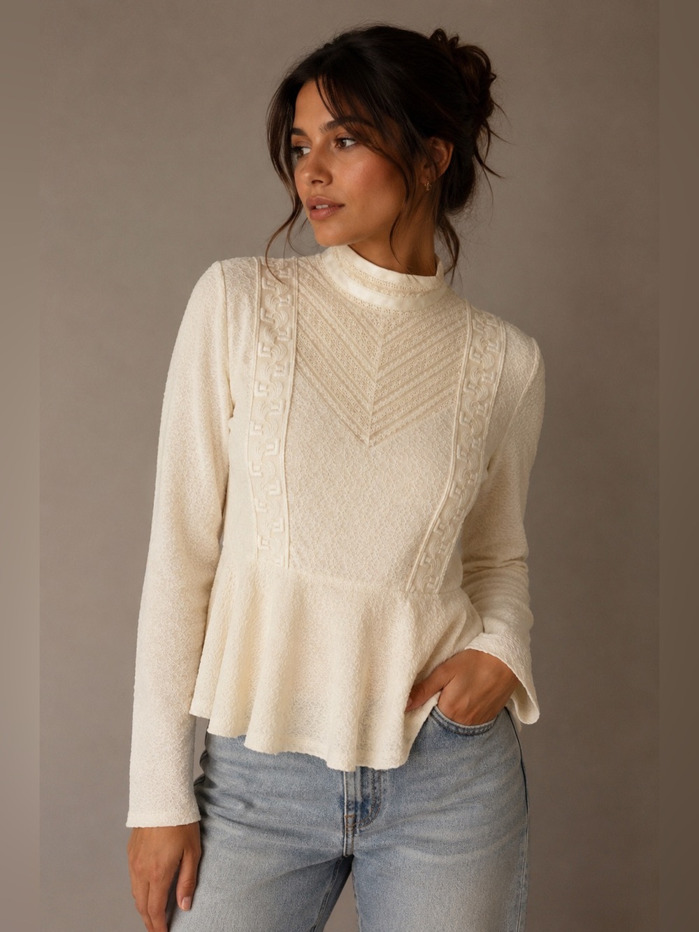 Free People Ivory Victorian Lace Peplum Top Size M Romantic Cottagecore Boho